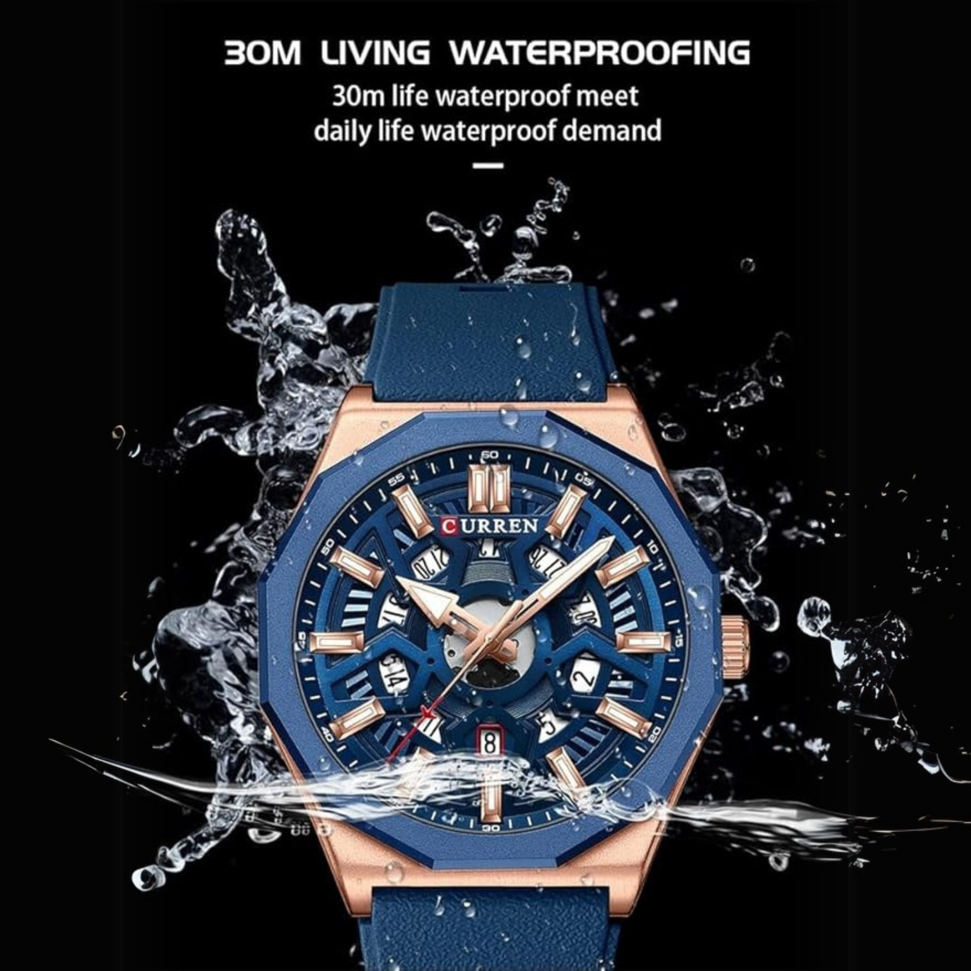 CURREN Quartz Waterproof Watch with Rubber Strap