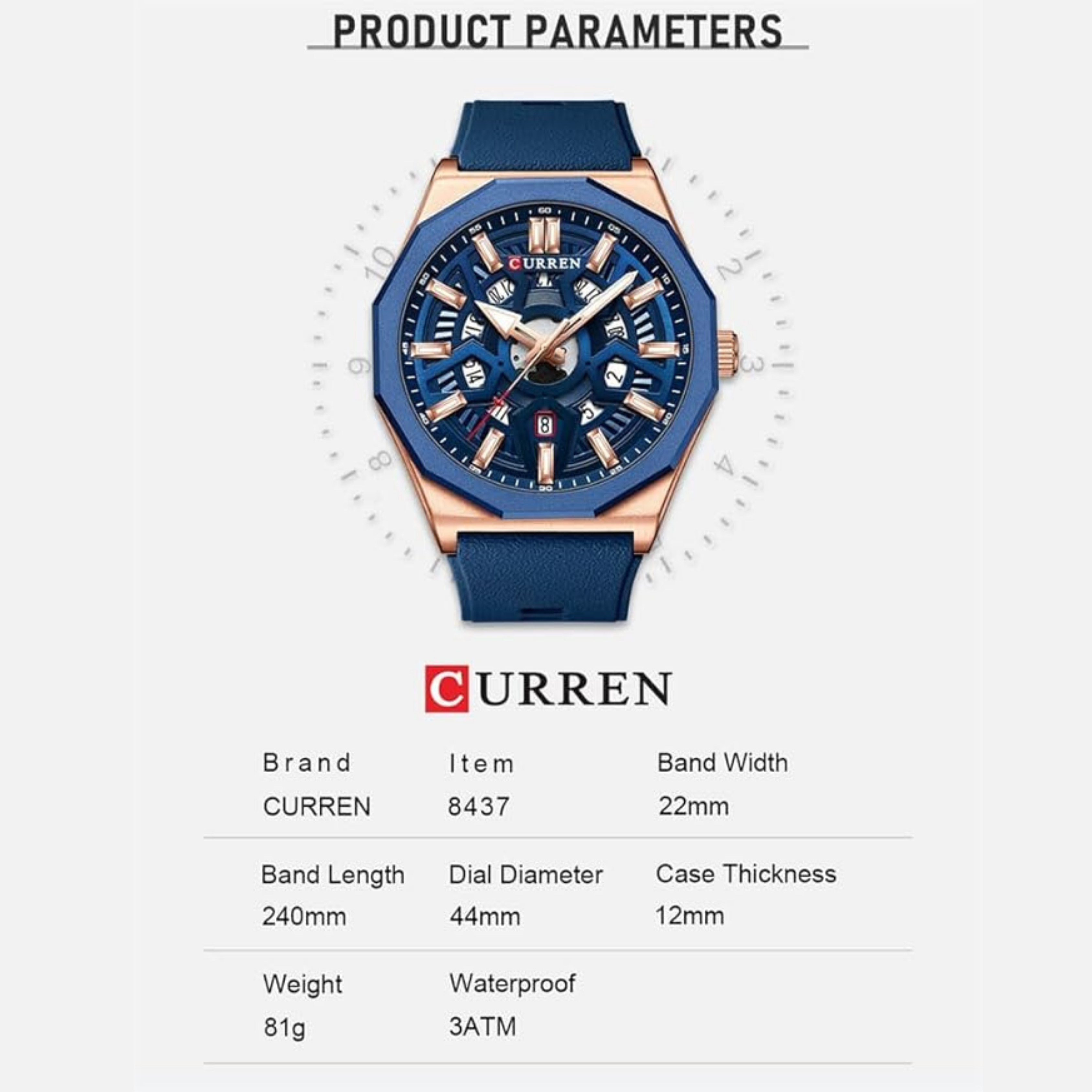 CURREN Quartz Waterproof Watch with Rubber Strap