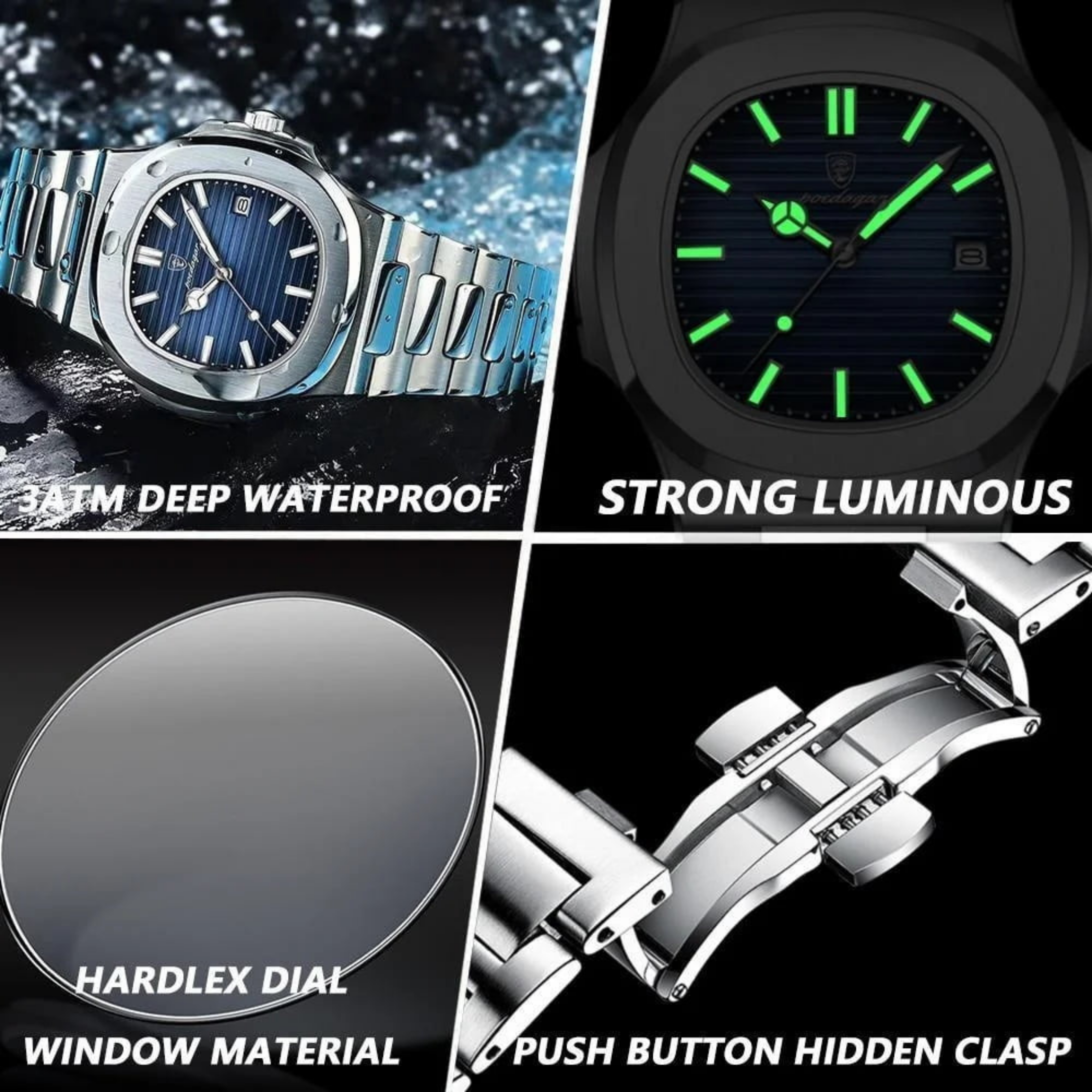 POEDAGAR Luxury Silver & Blue Quartz Sports Watch for Men