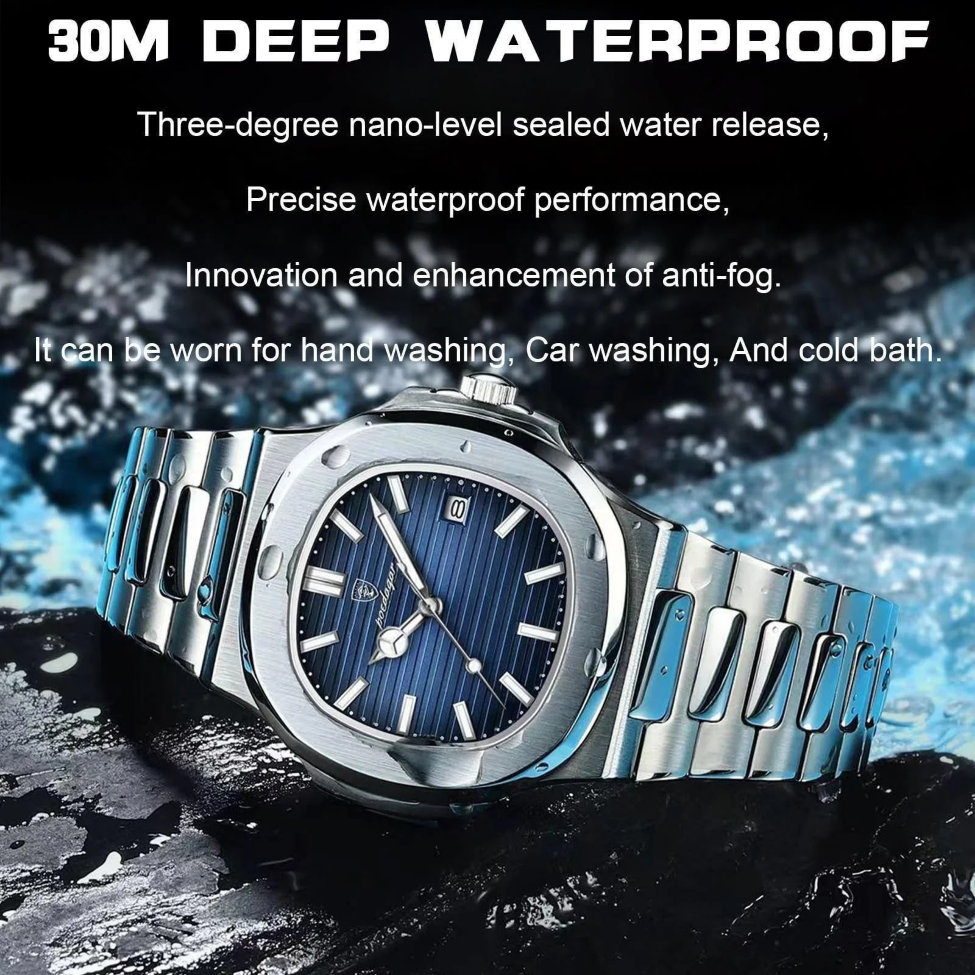 POEDAGAR Luxury Silver & Blue Quartz Sports Watch for Men