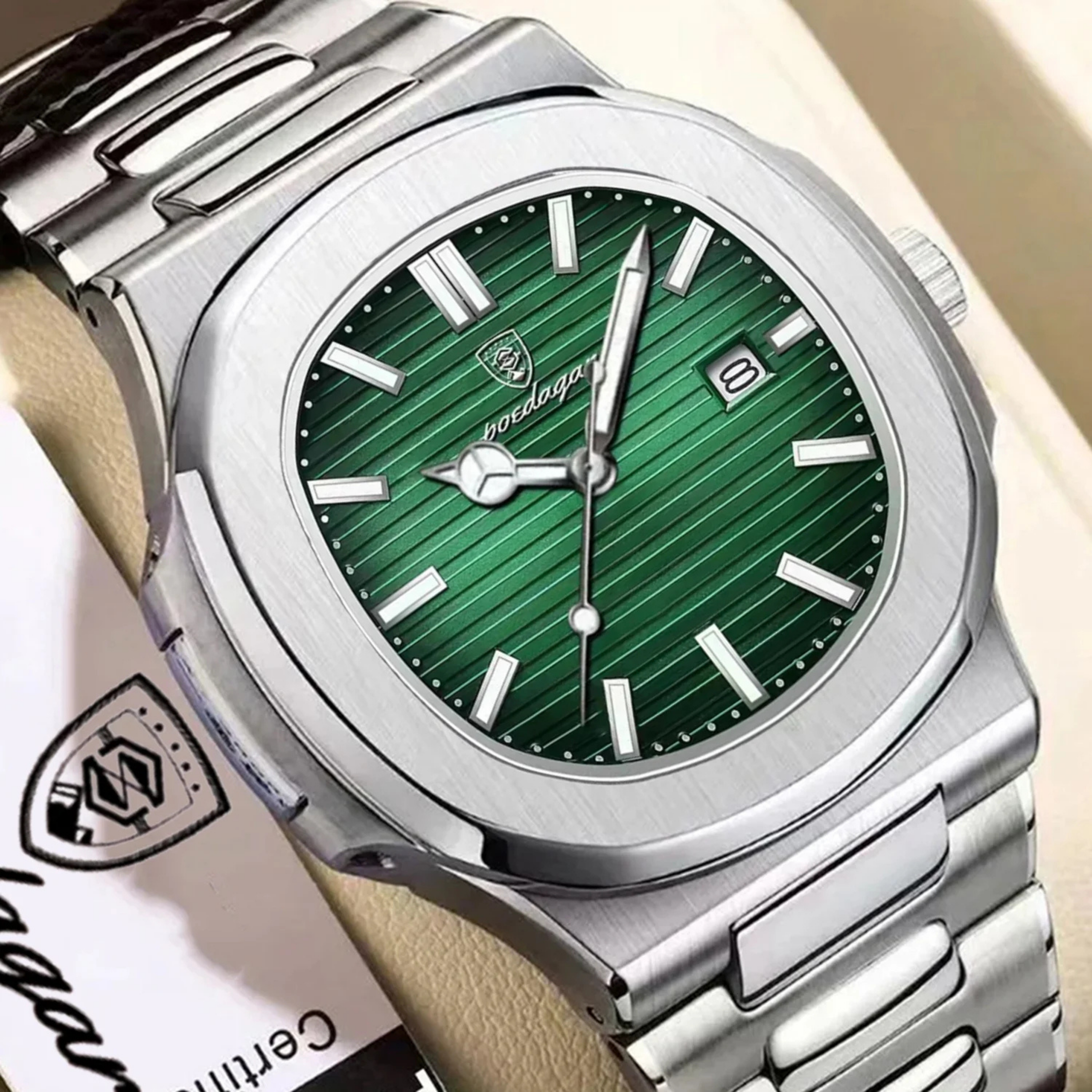 POEDAGAR Luxury Silver & Green Quartz Sports Watch for Men