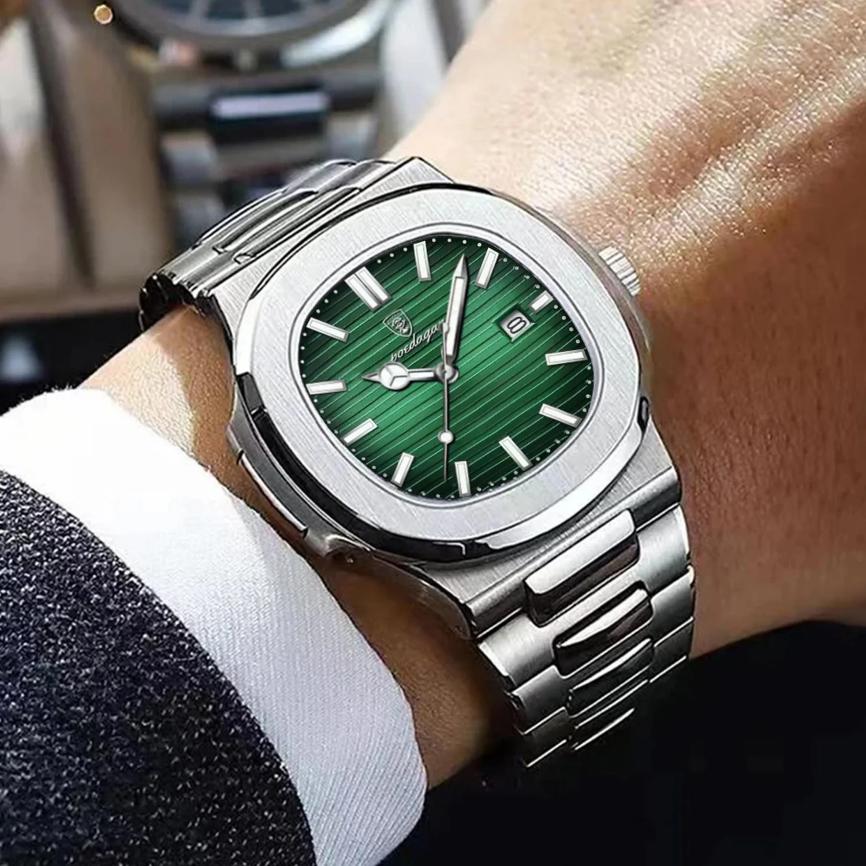 POEDAGAR Luxury Silver & Green Quartz Sports Watch for Men