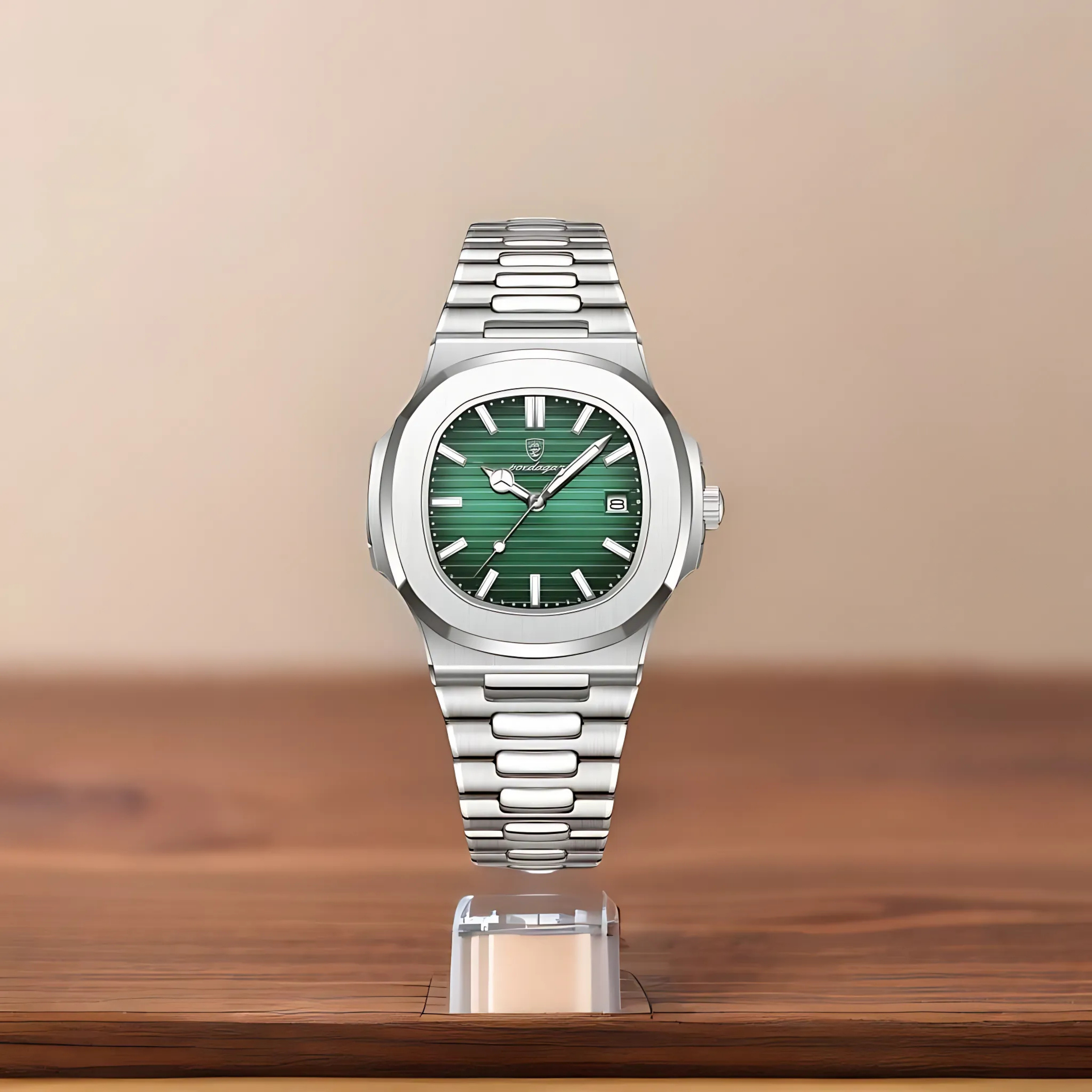 POEDAGAR Luxury Silver & Green Quartz Sports Watch for Men