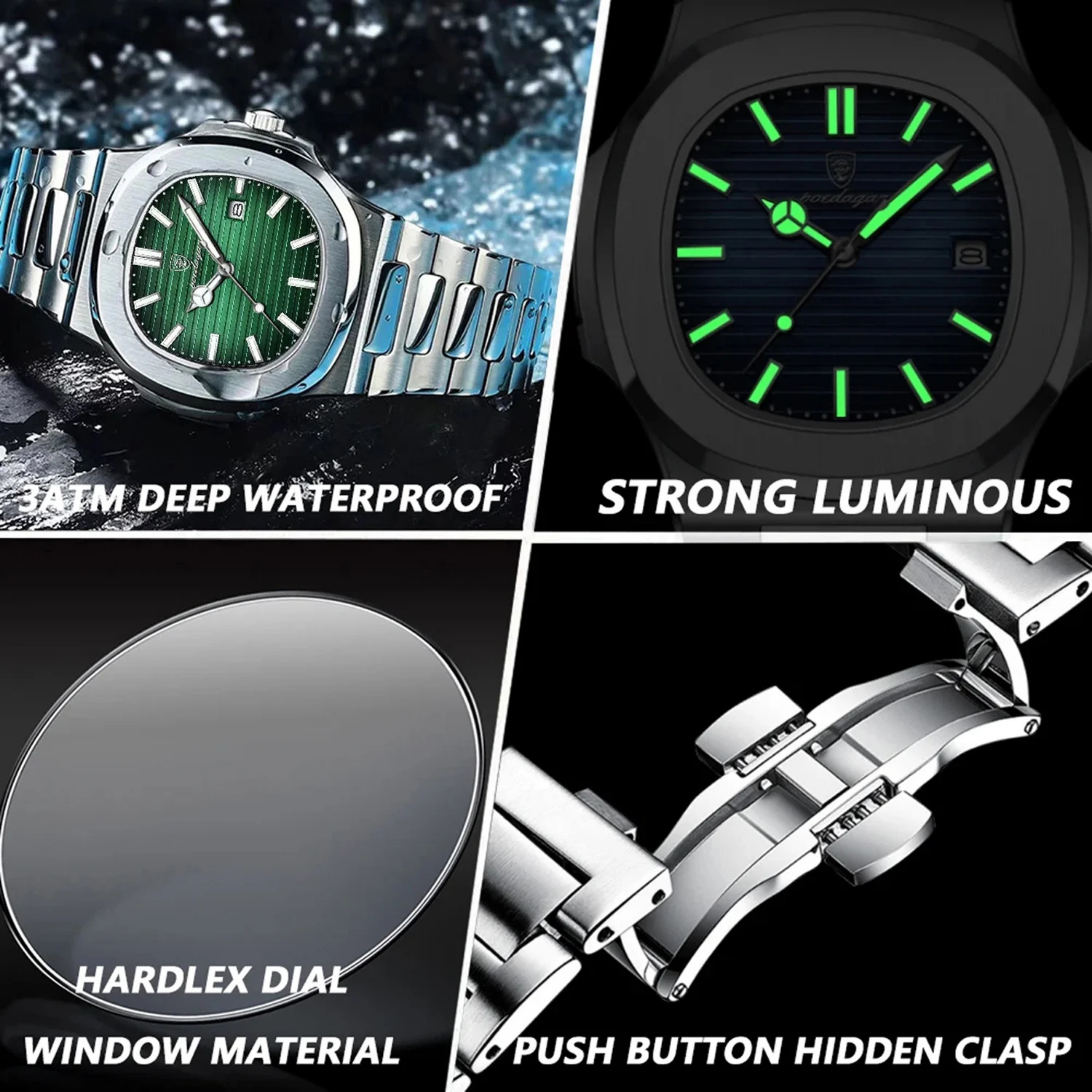 POEDAGAR Luxury Silver & Green Quartz Sports Watch for Men