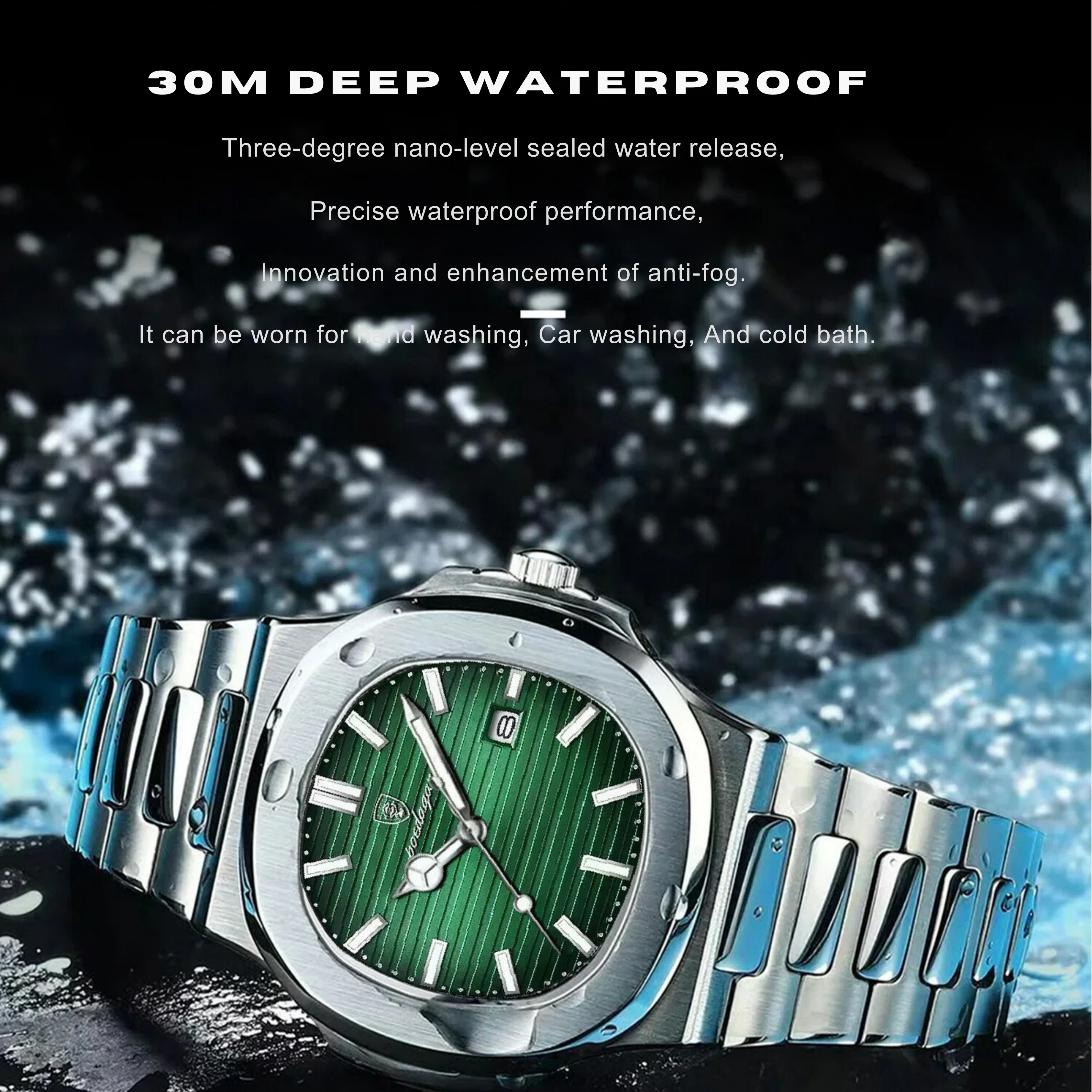 POEDAGAR Luxury Silver & Green Quartz Sports Watch for Men