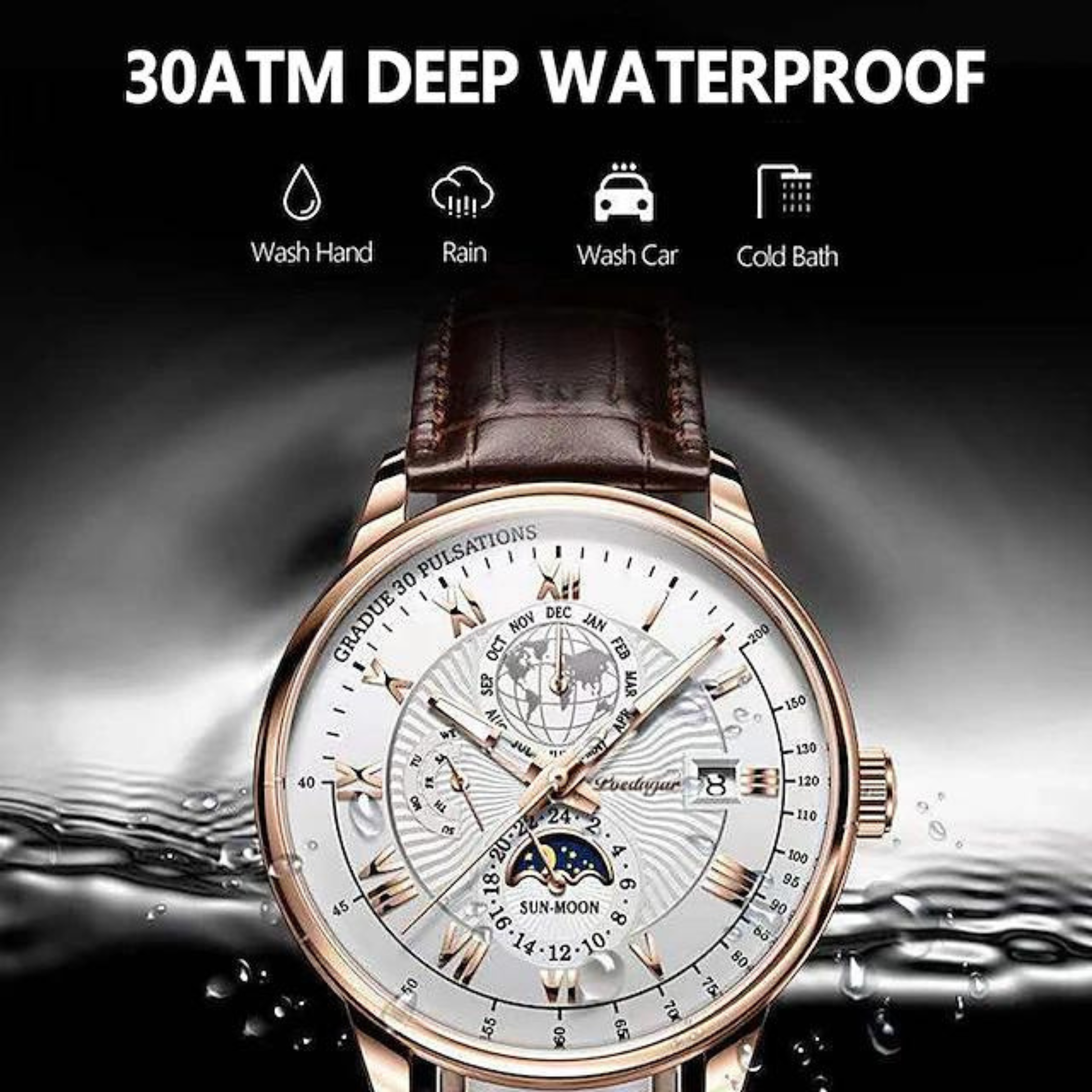 POEDAGAR Quartz White Dial Leather Strap Watch