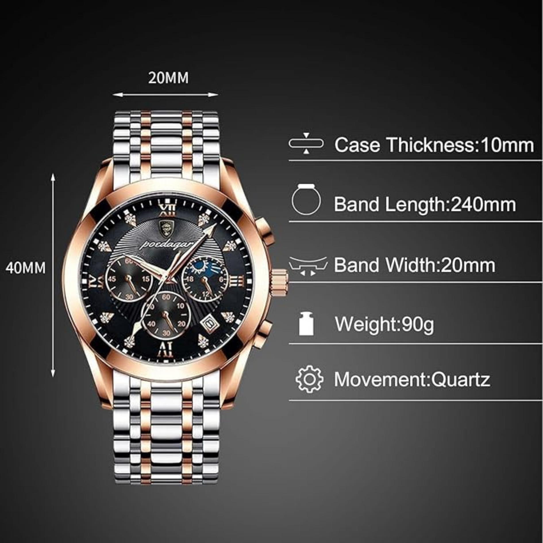 POEDAGAR Two-Tone Strap : 3 Sub Dial