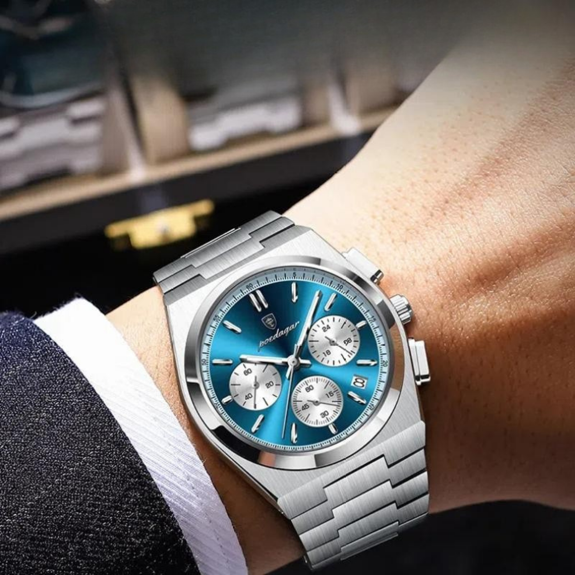 POEDAGAR Men’s Classic Stainless Steel Calendar Watch