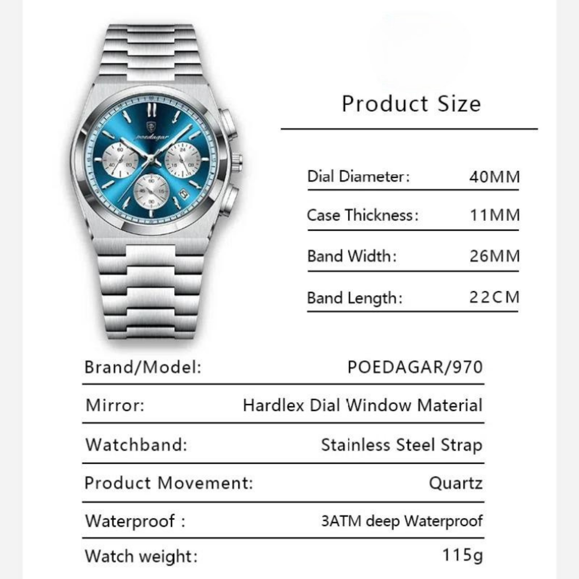 POEDAGAR Men’s Classic Stainless Steel Calendar Watch