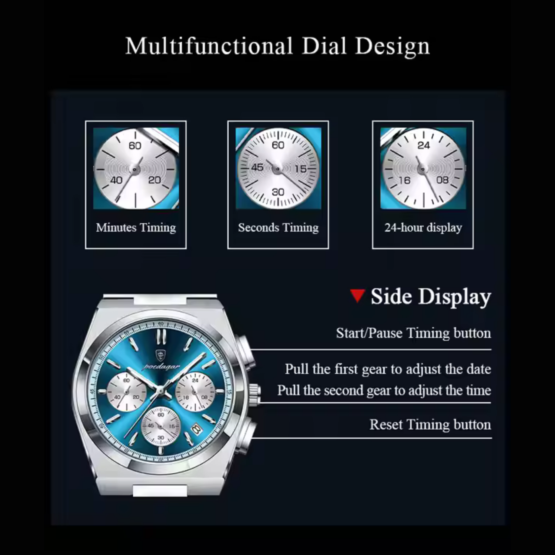 POEDAGAR Men’s Classic Stainless Steel Calendar Watch