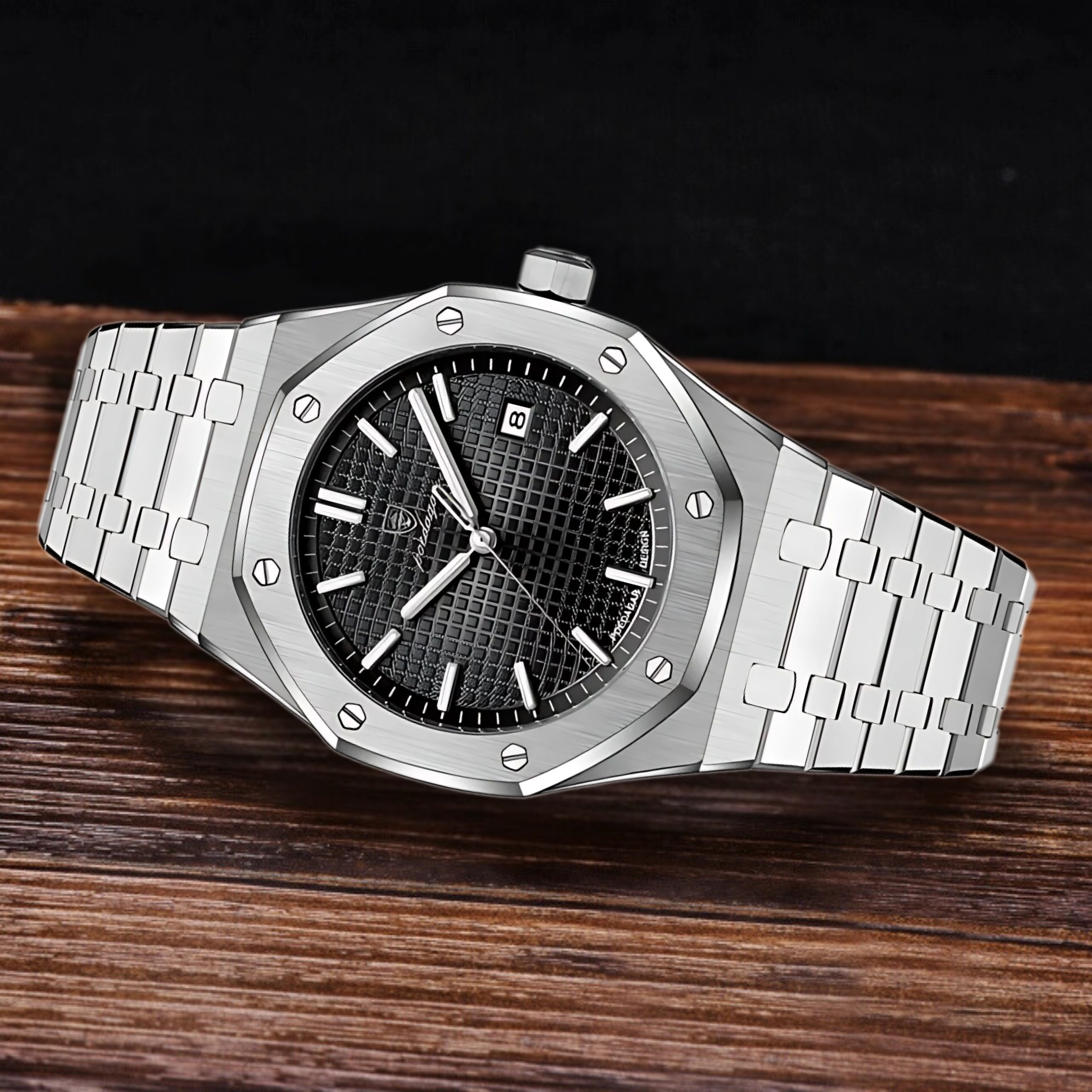 POEDAGAR Luxury Silver & Black Quartz Watch for Men
