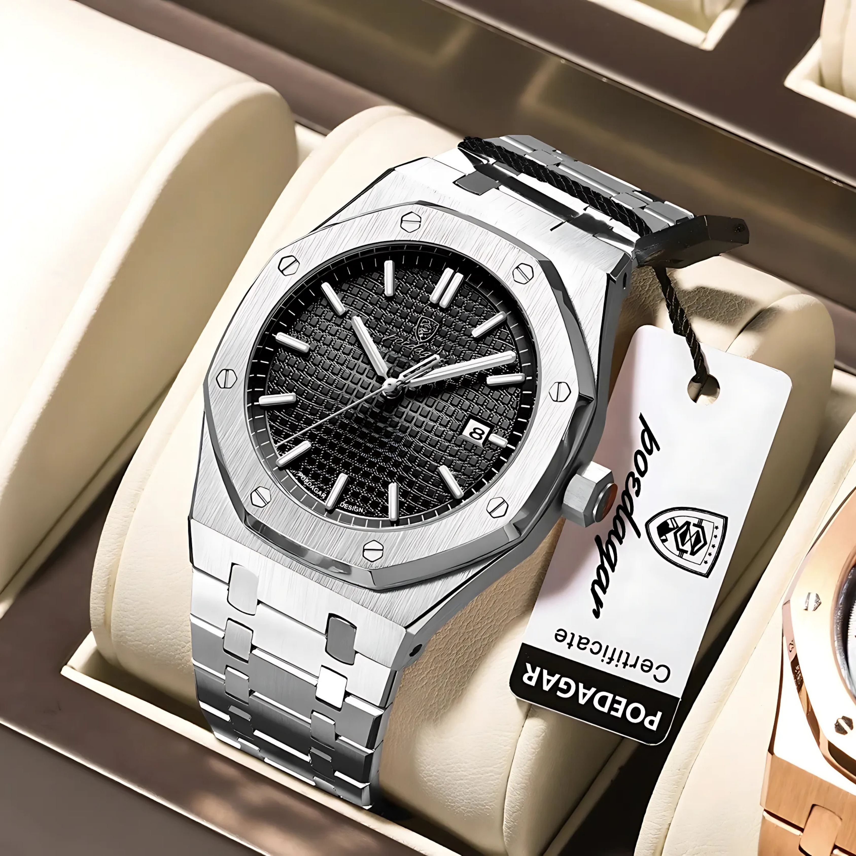 POEDAGAR Luxury Silver & Black Quartz Watch for Men