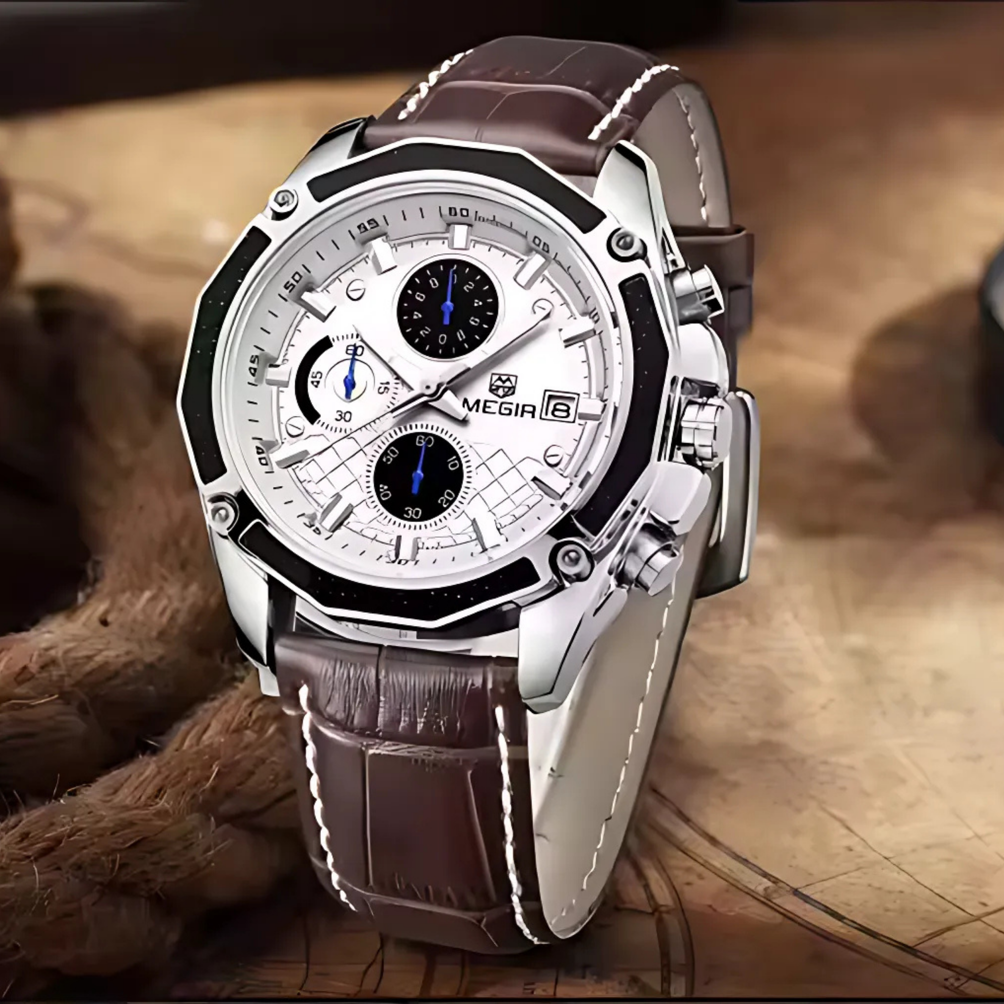 Megir Chronograph Quartz Watch with Leather Strap